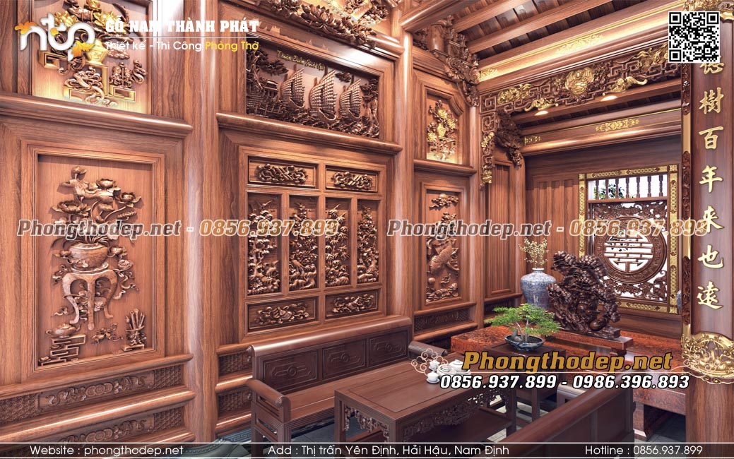 Hệ tranh vách trong nội thất nhà gỗ 3 gian